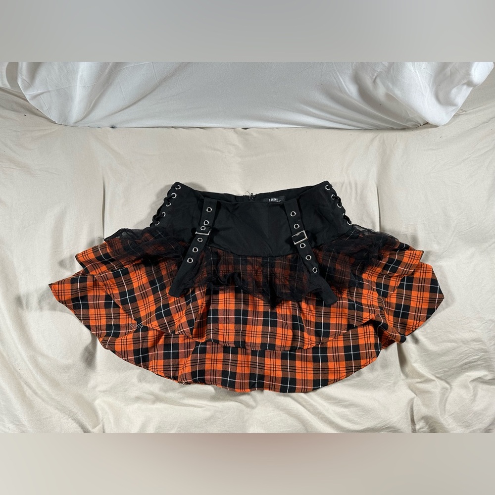 Social Collision TRIPP NYC Plaid Mesh Net Tiered Mini Orange Plaid Skirt Goth Sm